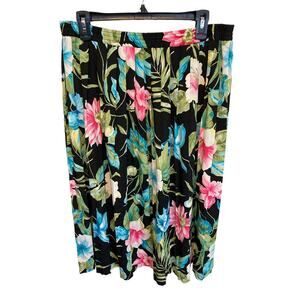 90s Vintage Alfred Dunner Elastic Waist Tropical Floral Midi Skirt Size 12